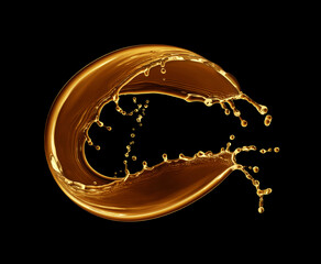 Glossy oily twisted splash with droplets on black background. Splashes of motor or sunflower oil. Generative AI