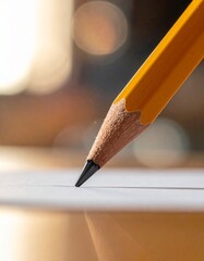 Macro shot of a yellow wooden pencil writing on white paper with soft sun light bokeh