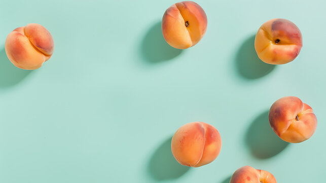 Elevated view of ripe peaches on green surface