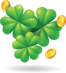 3D green shamrock clovers with gold coins floating. Saint Patricks Day lucky symbol illustration