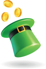 3D leprechaun green hat with flying gold coins. Saint Patricks Day magical illustration