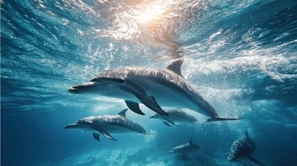 Fototapeta premium Dolphin Swims Ahead of Group Under Water Showcasing Leadership and Initiative in Natural Habitat