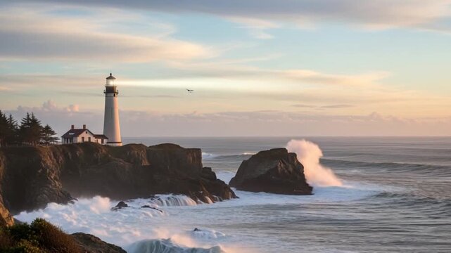 Coastal lighthouse standing tall on rocky cliff amidst crashing waves and serene ocean landscape at sunrise
