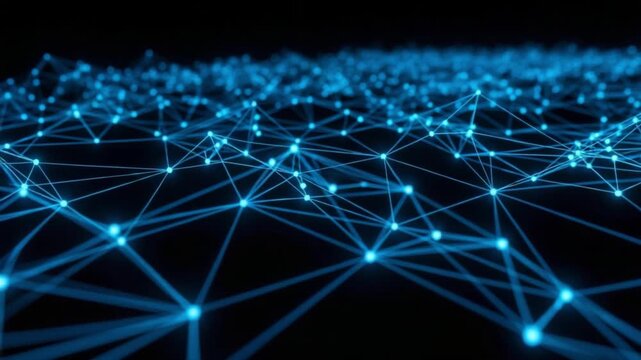 Complex network structure with interconnected blue nodes and lines on dark background