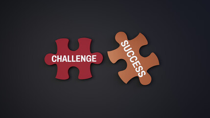 3D Rendered Puzzle Pieces CHALLENGE and SUCCESS, Overcoming Obstacles to Achievement and Motivation Concept Illustration on Deep Gray Background