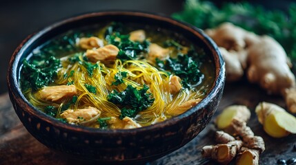noodle and chicken soup with herbs