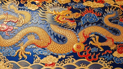 Vibrant golden dragon sculpture on blue background with clouds