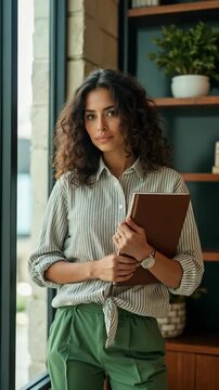 shot of attractive latin business lady hold notebook chatting colleagues read report meet partners friendly person wear striped shirt green pants stand modern interior office indoors fashio.