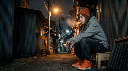 路地裏で一服する女性