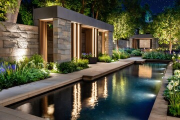 Fototapeta premium Modern landscaped garden with luxury lap pool lighting up at night