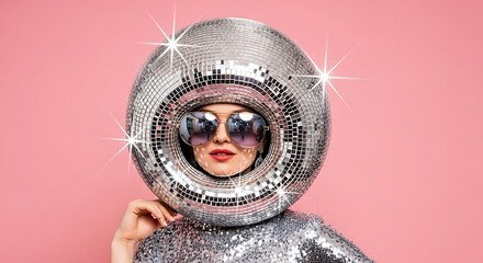 Woman wearing a large disco ball helmet and sunglasses posing against a pink background showcasing a fun and playful vibe perfect for party and celebration themes.