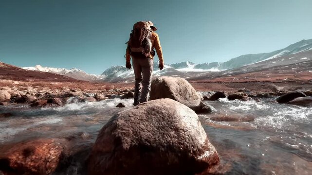 Explore adventure journey achievement outdoor in National Park. A person wearing a backpack and hat walking across a river, surrounded by rocky terrain and snowcapped mountains in the background.
