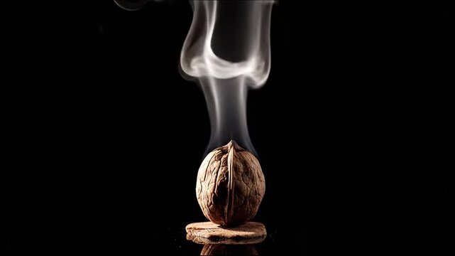 A walnut sits atop a surface, with smoke emanating from it against a black background