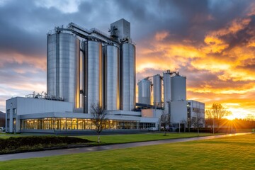 Industrial factory building with silos at beautiful sunset