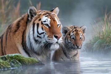 Fototapeta premium Tiger and cub standing in misty water