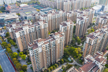 Urban Residential Subdivision Aerial View with High-Rise Apartment Buildings © CaoVan