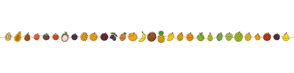Colorful tropical and exotic fruits. Flat vector horizontal decorative illustration