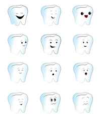 Cute tooth character set with different facial expressions isolated on white background.eps