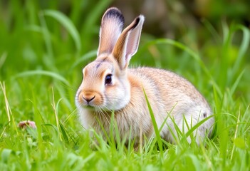 A Rabbit crouching in the grass