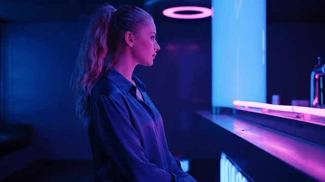 Woman sits in neon lit room with pink and blue lighting. Female relaxes in cyberpunk space. Neon lights illuminate modern interior. Woman in futuristic bar with neon glow. Pink and blue light