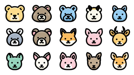 Obraz premium Adorable cartoon animal head icons set. Cute vector faces for children's designs, avatars, UI/UX, mascots, and playful graphics.