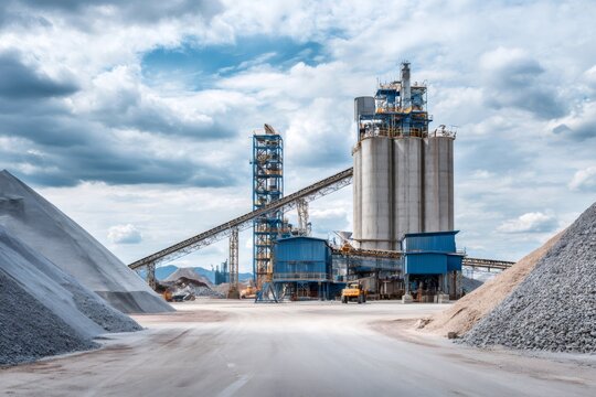Heavy industry cement factory operating with piles of aggregate
