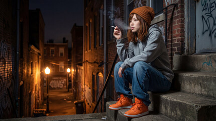 路地裏で一服する女性