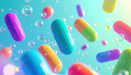 "Colorful capsules floating in liquid with bubbles"