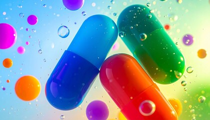"Colorful capsules floating in liquid with bubbles"