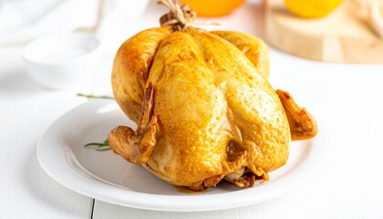 "Golden roasted whole chicken with tied legs on white background"