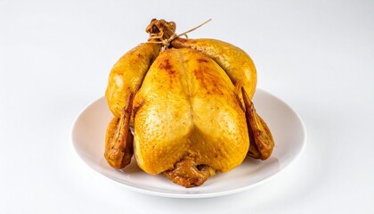 "Golden roasted whole chicken with tied legs on white background"