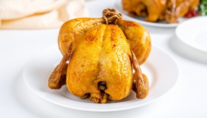 "Golden roasted whole chicken with tied legs on white background"