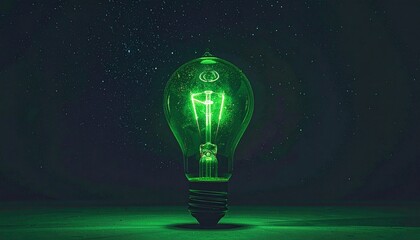"Glowing green light bulb in dark background"