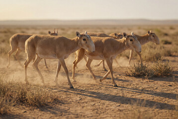 Naklejka premium Group of gazelles walking through dry grassland