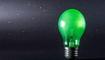 "Glowing green light bulb in dark background"
