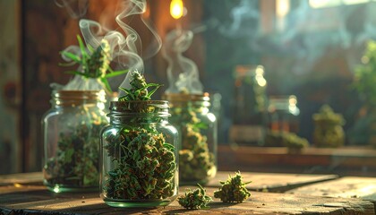 "Glass jars of cannabis buds with rising smoke on wooden surface"