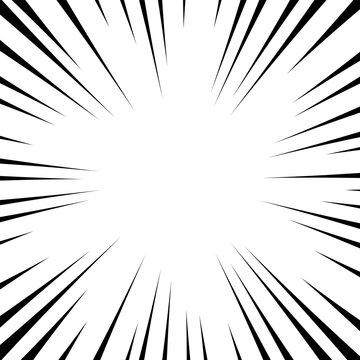 Comic speed lines burst background. Black and white radial super action explosion, dynamic manga anime motion rays frame, powerful zoom fast speed lines movement effect element. Vector illustration.