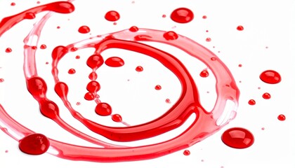 "Red liquid splash with scattered droplets on white background"
