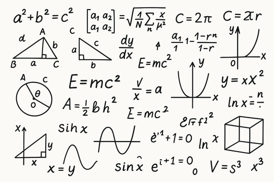 Hand drawn mathematics illustration with geometry shapes, algebra equations, physics formulas and graphs in black sketch style on light background.