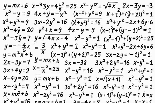Algebra equations and mathematical formulas background with linear functions and analytic expressions. Educational math illustration for STEM learning, science research and academic design.