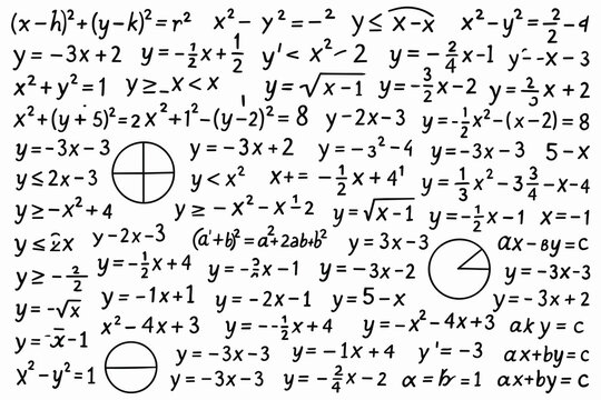 Mathematical equations and algebra formulas background with graphs, geometric shapes and analytic expressions. Educational math illustration for science, study and academic design use.
