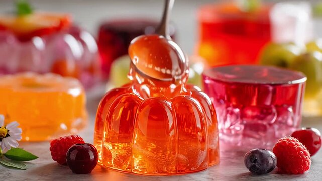 A trendy, healthy dessert: clear, jewel-like jelly with pieces of colorful fruit, served on a table and being elegantly scooped up with a dessert spoon.