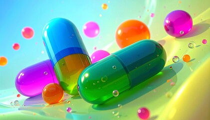 "Colorful capsules floating in liquid with bubbles"