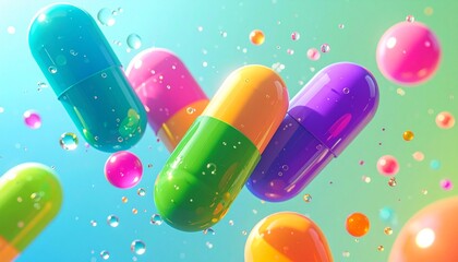 "Colorful capsules floating in liquid with bubbles"