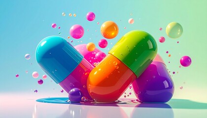 "Colorful capsules floating in liquid with bubbles"