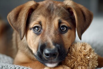 Puppy dog resting with toy looking at camera