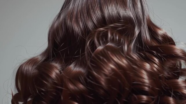 A stunning brunette model with rich chestnut hair in soft, casually messy waves. Close-up studio shot on a neutral backdrop for hair salon and color promotion.