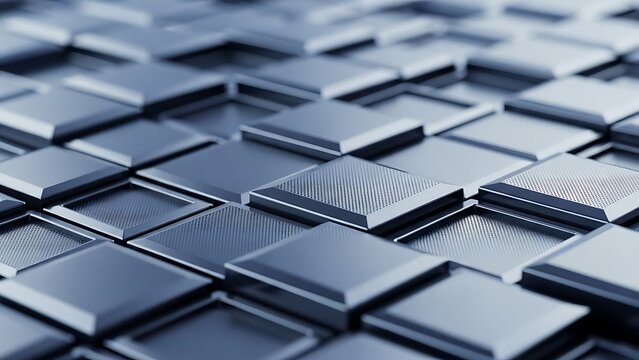 Detailed close-up of an abstract technological surface featuring a repeating pattern of raised metallic square microchips or electronic components
