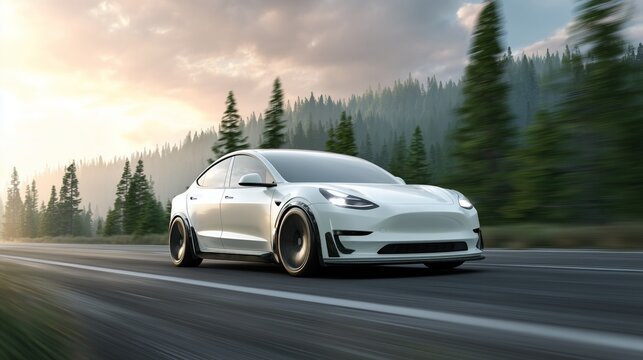 White tesla model 3 electric car driving fast on a scenic forest road