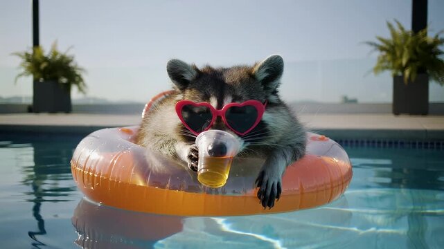 Raccoon enjoys summer day by the pool while sipping a drink in sunglasses on a float